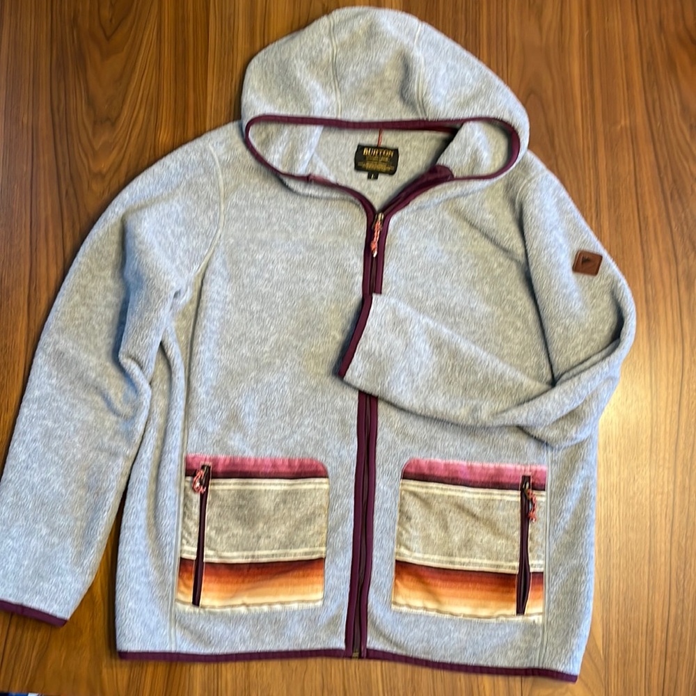 Burton Heather Gray Hooded Fleece Jacket with Multicolor Pocket Accents